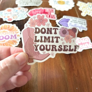 May include: A pink and brown sticker with a cowboy boot and flowers. The sticker says "Don't Limit Yourself".