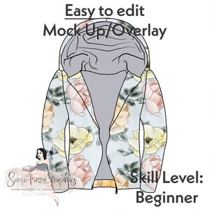 May include: A digital mock-up of a light blue hooded jacket with a floral pattern. The pattern features pink, yellow, and green flowers on a light blue background. The text "Easy to edit Mock Up/Overlay" is at the top of the image. The text "Skill Level: Beginner" is at the bottom of the image.
