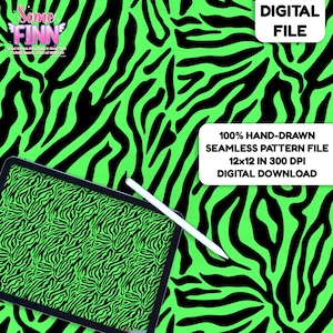 May include: A digital file showcasing a neon green and black zebra stripe design. The image includes a tablet displaying the pattern, a stylus, and text that reads "DIGITAL FILE" and "100% HAND-DRAWN SEAMLESS PATTERN FILE 12x12 IN 300 DPI DIGITAL DOWNLOAD."