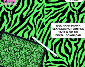 May include: A digital file featuring a vibrant zebra stripe pattern in neon green and black. The image includes a tablet displaying the same pattern, a stylus, and text that reads "DIGITAL FILE" and "100% HAND-DRAWN SEAMLESS PATTERN FILE 12x12 IN 300 DPI DIGITAL DOWNLOAD."