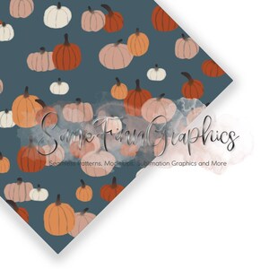 May include: A seamless pattern featuring a variety of pumpkins in shades of orange, pink, and white on a blue background. The pumpkins are arranged in a random pattern, creating a festive and autumnal design.