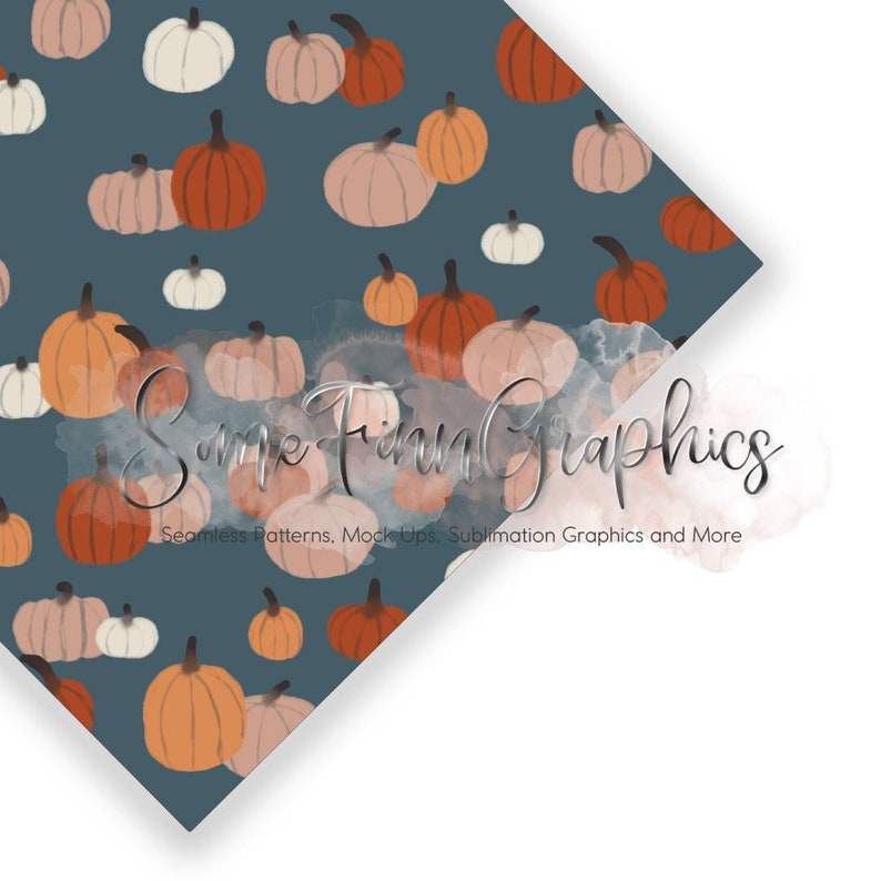 May include: A seamless pattern featuring a variety of pumpkins in shades of orange, pink, and white on a blue background. The pumpkins are arranged in a random pattern, creating a festive and autumnal design.