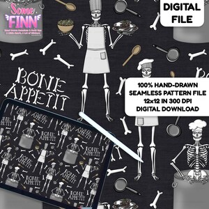 Bone Appetit Skeleton Chef Seamless Pattern, Funny Halloween Food Fabric Design, Skeleton Kitchen Repeating Pattern, Punny Seamless