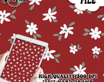 Vintage Flowers 60s Seamless Design Pattern / Floral red white flower antique Pattern for fabric scrapbooking paper, granny chic seamless