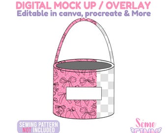 Fabric Basket Mockup with Patch, Easter Basket Mock Up, Personalized Bucket Seamless Pattern Display, PNG Template