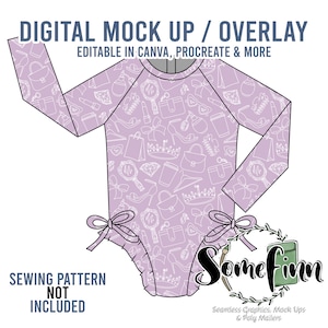 Puede incluir: Una maqueta digital de un traje de baño de manga larga con fondo morado y contorno blanco de un patrón de temática de princesa. El texto "DIGITAL MOCK UP / OVERLAY" está en la parte superior de la imagen. El texto "EDITABLE IN CANVA, PROCREATE & MORE" está debajo de la primera línea de texto. El texto "SEWING PATTERN NOT INCLUDED" está en la parte inferior izquierda de la imagen. El texto "Some finn" está en la parte inferior derecha de la imagen. El texto "Seamless Graphics, Mock Ups & Poly Mailers" está debajo del texto "Some finn".