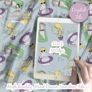 May include: A seamless pattern featuring a light blue background with a repeating pattern of ghosts wearing swimsuits and hats, floating on inner tubes and sunbathing on towels. The text "Do Not Copy" appears in the background.