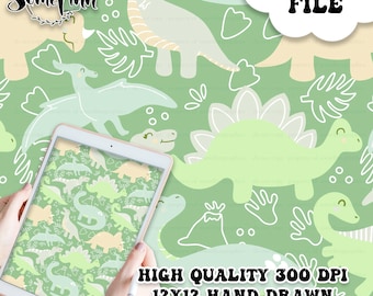Cute Dinosaurs Colorful Digital Paper - Green Dino Seamless cute Dino Pattern, dinosaur girl boy Fabric, Printable Scrapbook paper download