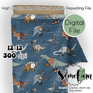 May include: Seamless digital paper pattern featuring dinosaurs playing basketball on a blue background. The pattern is 12 inches by 12 inches and 300 dpi. The text "Somefinn Graphics, Mock Ups & Poly Mailers" is at the bottom of the image.