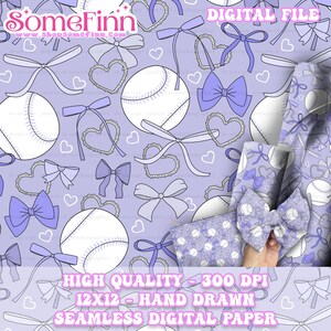 Blue Periwinkle Baseball Digital Paper, Sketchy Seamless Pattern, Baseball Fabric instant download, Play Ball Illustrated Scrapbook, Bows