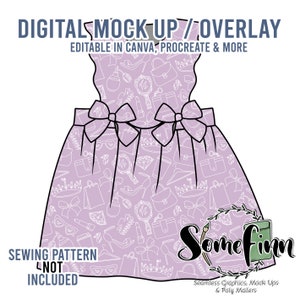 Puede incluir: Una maqueta digital de un vestido morado con un contorno blanco. El vestido tiene un lazo en la cintura y un patrón de varios artículos relacionados con la moda, incluyendo zapatos, bolsos y joyas. El texto "Some Finn" está en la parte inferior de la imagen.
