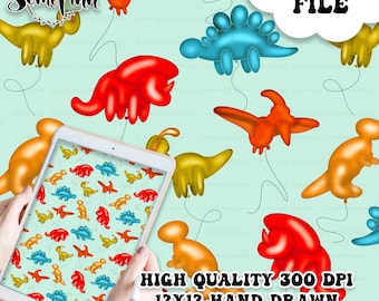 May include: A seamless digital paper pattern featuring colorful dinosaur balloon illustrations on a light blue background. The pattern is 12 inches by 12 inches and 300 DPI.