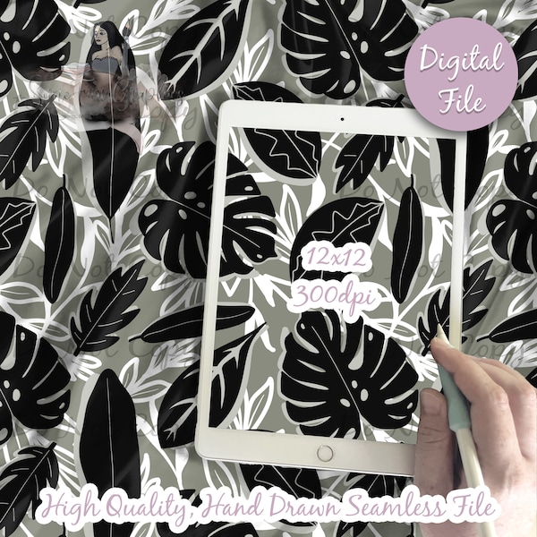 Palm Branches Digital Paper - Seamless Summer Pattern, Custom Tropical Fabric, Printable Scrapbook paper instant download, monochrome black