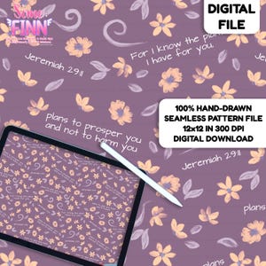 K&ouml;nnte beinhalten: Eine digitale nahtlose Musterdatei mit violettem Hintergrund, hellorangen Blumen, violetten Bl&auml;ttern und wei&szlig;em Text: Jeremiah 29:11, For I know the plans I have for you, und plans to prosper you and not to harm you.