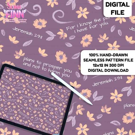Jeremiah 29:11 Floral Seamless Pattern, Christian Scripture Digital Paper, Purple Peach Faith Fabric Design PNG