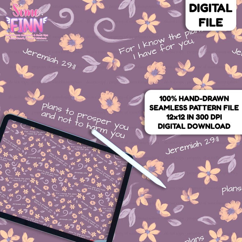 K&ouml;nnte beinhalten: Eine digitale nahtlose Musterdatei mit violettem Hintergrund, hellorangen Blumen, violetten Bl&auml;ttern und wei&szlig;em Text: Jeremiah 29:11, For I know the plans I have for you, und plans to prosper you and not to harm you.