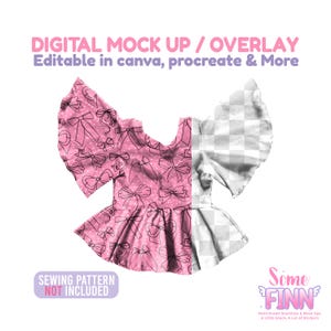 May include: A pink digital mock-up of a top with a bow pattern and the text "DIGITAL MOCK UP / OVERLAY Editable in canva, procreate & More". The text "SEWING PATTERN NOT INCLUDED" is also visible. The design is for a digital product.