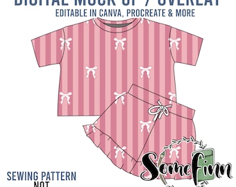 May include: Digital mock-up of a pink and white striped pajama set with a bow pattern. The set includes a short-sleeved top and shorts. The text "DIGITAL MOCK UP / OVERLAY" and "EDITABLE IN CANVA, PROCREATE & MORE" is at the top of the image. The text "SEWING PATTERN NOT INCLUDED" is at the bottom of the image. The text "Some finn" is at the bottom right of the image. The text "Seamless Graphics, Mock Ups & Poly Mailers" is below the text "Some finn".