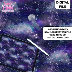 Puede incluir: Un archivo digital con un patrón de galaxia sin costuras con nebulosas, estrellas y lunas en morado, azul y blanco. El texto dice: DIGITAL FILE, 100% HAND-DRAWN SEAMLESS PATTERN FILE 30,48x30,48 cm 300 DPI DIGITAL DOWNLOAD, Some FINN.
