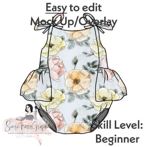 May include: A digital design of a baby onesie with a floral pattern. The onesie is light blue with yellow, pink, and green flowers. The design is easy to edit and can be used for mockups or overlays. The text "Easy to edit MockUp/Overlay" is at the top of the image. The text "Skill Level: Beginner" is at the bottom of the image.