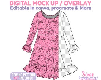 May include: A pink dress with a bow pattern, long sleeves, and a ruffled hem. The text "DIGITAL MOCK UP / OVERLAY" and "Editable in canva, procreate & More" are at the top. The text "SEWING PATTERN NOT INCLUDED" is at the bottom.