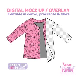 May include: A pink pajama top with a bow pattern, a gray undershirt, and a transparent sleeve. Text reads "DIGITAL MOCK UP / OVERLAY" and "Editable in canva, procreate & More". The text "SEWING PATTERN NOT INCLUDED" is also visible.