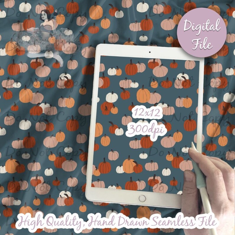 May include: A digital seamless pattern featuring a repeating design of orange, white, and pink pumpkins on a teal blue background. The pattern is 12x12 inches and 300 dpi. The text "Digital File" is in a purple box in the upper right corner of the image.