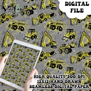 Construction Seamless Pattern, Seamless Boy Patterns, Excavator Seamless Pattern, Construction Digital Paper Download, Heavy Machinery Art