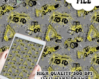 Construction Seamless Pattern, Seamless Boy Patterns, Excavator Seamless Pattern, Construction Digital Paper Download, Heavy Machinery Art