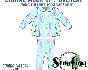 May include: A digital mock-up of a blue and white outfit for a child. The outfit includes a long-sleeved shirt with a Peter Pan collar and leggings. The shirt and leggings have a pattern of rainbows, lightning bolts, and hearts. The text "DIGITAL MOCK UP / OVERLAY" is at the top of the image. The text "EDITABLE IN CANVA, PROCREATE & MORE" is below the text "DIGITAL MOCK UP / OVERLAY". The text "SEWING PATTERN NOT INCLUDED" is at the bottom left of the image. The text "Some finn Seamless Graphics, Mock Ups & Poly Mailers" is at the bottom right of the image.