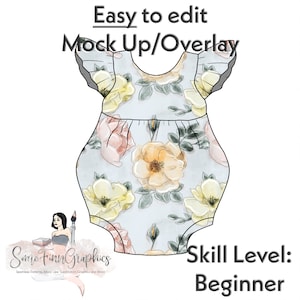 May include: A digital mock-up of a baby onesie with a floral pattern. The onesie has a ruffled neckline and short sleeves. The floral pattern is in shades of yellow, pink, and green on a light blue background. The text "Easy to edit Mock Up/Overlay" is at the top of the image. The text "Some Finn Graphics" is at the bottom left of the image. The text "Skill Level: Beginner" is at the bottom right of the image.