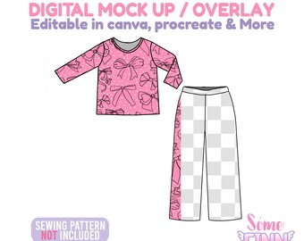 Long Sleeve Pajama Set Mockup PNG Overlay Shirt and Pants Digital Mock Up Baby Kids Boutique Clothing Can Be Used in Canva Procreate More