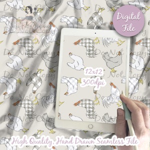 Country Chicken Seamless Pattern, chickens farm animal eggs, Sketchy chicks digital printable scrapbook paper instant download, Farmhouse