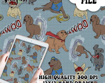 Superhero Digital Paper, Super Hero Seamless Pattern, Comic Fabric instant download, Dogs Digital Scrapbook Paper