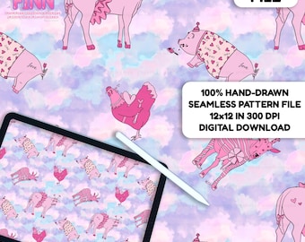 May include: A digital file featuring a seamless pattern with pink farm animals, including cows, pigs, and chickens, set against a soft, cloudy background. The pattern includes the text "Love" and "Some Finn".