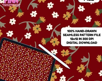 May include: A digital file featuring a seamless floral pattern in a deep red hue. The design includes yellow and white flowers with green leaves. The text on the image reads "100% Hand-Drawn Seamless Pattern File 12x12 in 300 DPI Digital Download."