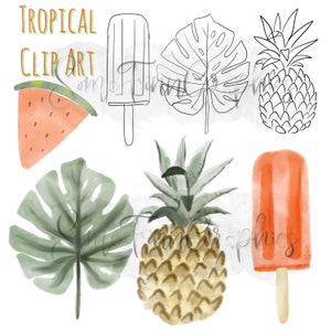 Clip Art Summer, Watercolor png set, Summer PNG designs, Digital sticker, pineapple palm watermelon sublimation download, Tropical Bundle
