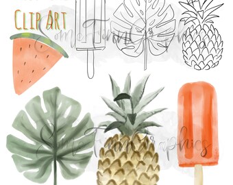 Clip Art Summer, Watercolor png set, Summer PNG designs, Digital sticker, pineapple palm watermelon sublimation download, Tropical Bundle