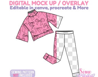 May include: A pink mock-up of a top and leggings set. The top has a bow pattern and the text "DIGITAL MOCK UP / OVERLAY" and "Editable in canva, procreate & More". The leggings have a checkered pattern.