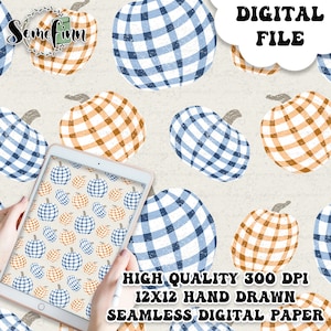 May include: A digital paper pattern featuring a seamless repeat of blue and orange plaid pumpkins. The pattern is 12x12 inches and 300 DPI.  The text "DIGITAL FILE" is in the upper right corner of the image.