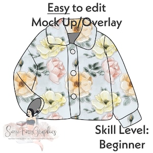 May include: A digital mockup of a light blue jacket with a floral pattern. The jacket has a button-up front and a collar. The flowers are yellow, pink, and white. The text "Easy to edit Mock Up/Overlay" is at the top of the image. The text "Skill Level: Beginner" is at the bottom of the image.