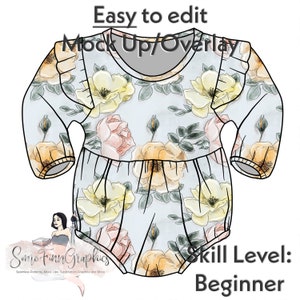May include: A digital mock-up of a light blue baby onesie with a floral pattern. The onesie has long sleeves and a round neckline. The floral pattern features yellow, pink, and green watercolor roses. The text "Easy to edit Mock Up/Overlay" is at the top of the image. The text "Some Finn Graphics Seamless Patterns, Mock Ups, Sublimation Graphics and More" is at the bottom left of the image. The text "Skill Level: Beginner" is at the bottom right of the image.