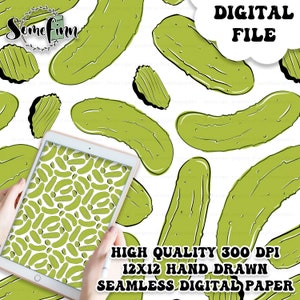 May include: A digital paper pattern featuring a seamless design of green pickles on a white background. The pattern is 12x12 inches and 300 DPI. The text "DIGITAL FILE" is in the upper right corner of the image.