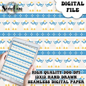 May include: Digital seamless paper design with white duck illustrations wearing blue bows and yellow feet on a cream background. The design includes blue and white floral and cross patterns. The text reads "DIGITAL FILE" and "HIGH QUALITY 300 DPI 12X12 HAND DRAWN SEAMLESS DIGITAL PAPER."