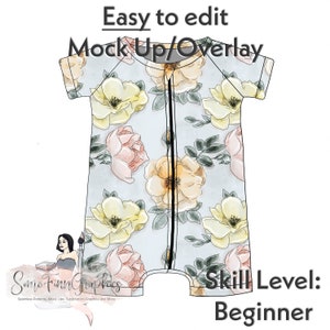 May include: A digital mock-up of a baby onesie with a floral pattern. The onesie is light blue with yellow, pink, and green watercolor flowers. The text "Easy to edit Mock Up/Overlay" is at the top of the image. The text "Some Finn Graphics" is at the bottom left of the image. The text "Skill Level: Beginner" is at the bottom right of the image.