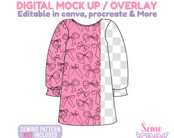 May include: A digital mock-up of a long-sleeved dress. The left side features a pink bow pattern on a white polka dot background. The right side is a transparent checkered pattern. Text includes "DIGITAL MOCK UP / OVERLAY" and "SEWING PATTERN NOT INCLUDED".