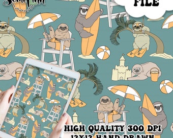 Summer Sloths Digital Seamless Paper - Cute Sloth Pattern, Beach Bathing Suit Fabric, Printable Scrapbook paper download, Beach Ocean Sloths