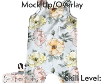 May include: A digital mock-up of a white sleeveless onesie with a floral pattern. The onesie has a light blue background with yellow and pink watercolor roses and green leaves. The text "Easy to edit Mock Up/Overlay" is at the top of the image. The text "Skill Level: Beginner" is at the bottom of the image.