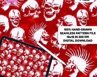 Red Skull Seamless Pattern, Spooky Grunge Halloween Digital Fabric Design PNG