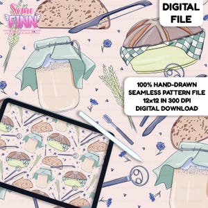 Sourdough Baking Seamless Pattern, Bread Jar Kitchen Fabric Design, Cottagecore Bakery Digital Paper, Sublimation File